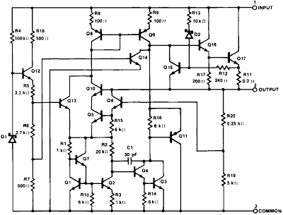 Internal schematic of the Signetics µ¼A7805 regulator from the datasheet.