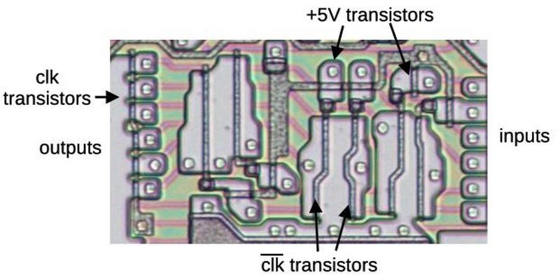 A close-up of the bootstrap drive circuits, in the left half of the LUT PLA. A close-up of the bootstrap drive circuits, in the left half of the LUT PLA.