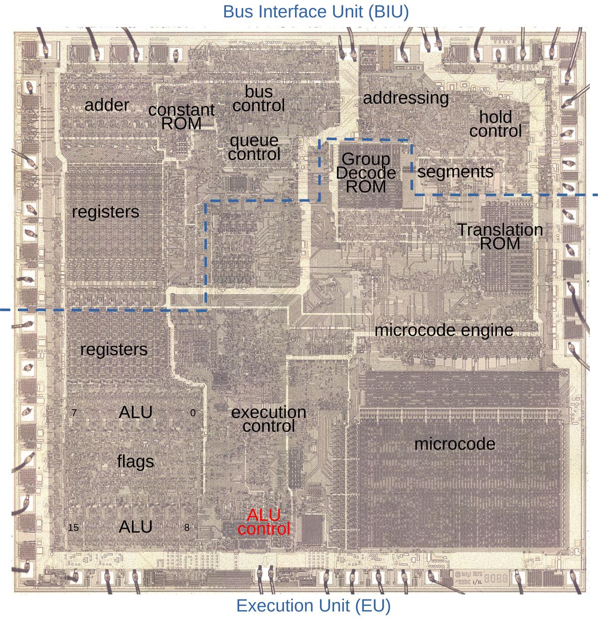 The die of the 8086. Click this image (or any other) for a larger version. The die of the 8086 with the metal layer removed to show the silicon and polysilicon underneath. Click this image (or any other) for a larger version.
