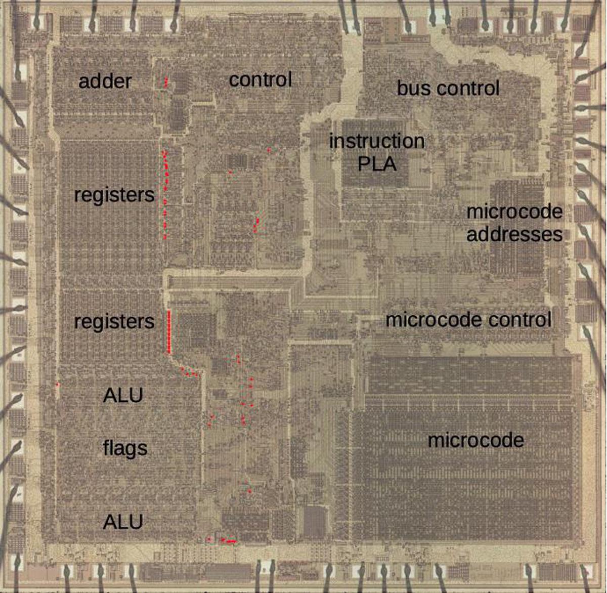 The 8086 die with main functional blocks labeled. The bootstrap drivers are indicated with red dots.