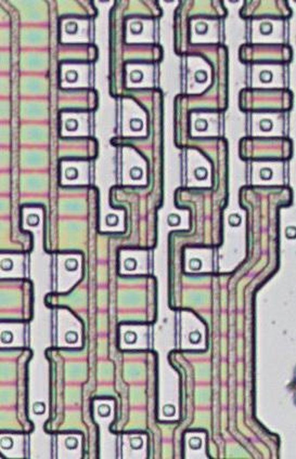 Closeup of the constant ROM showing the silicon and polysilicon.