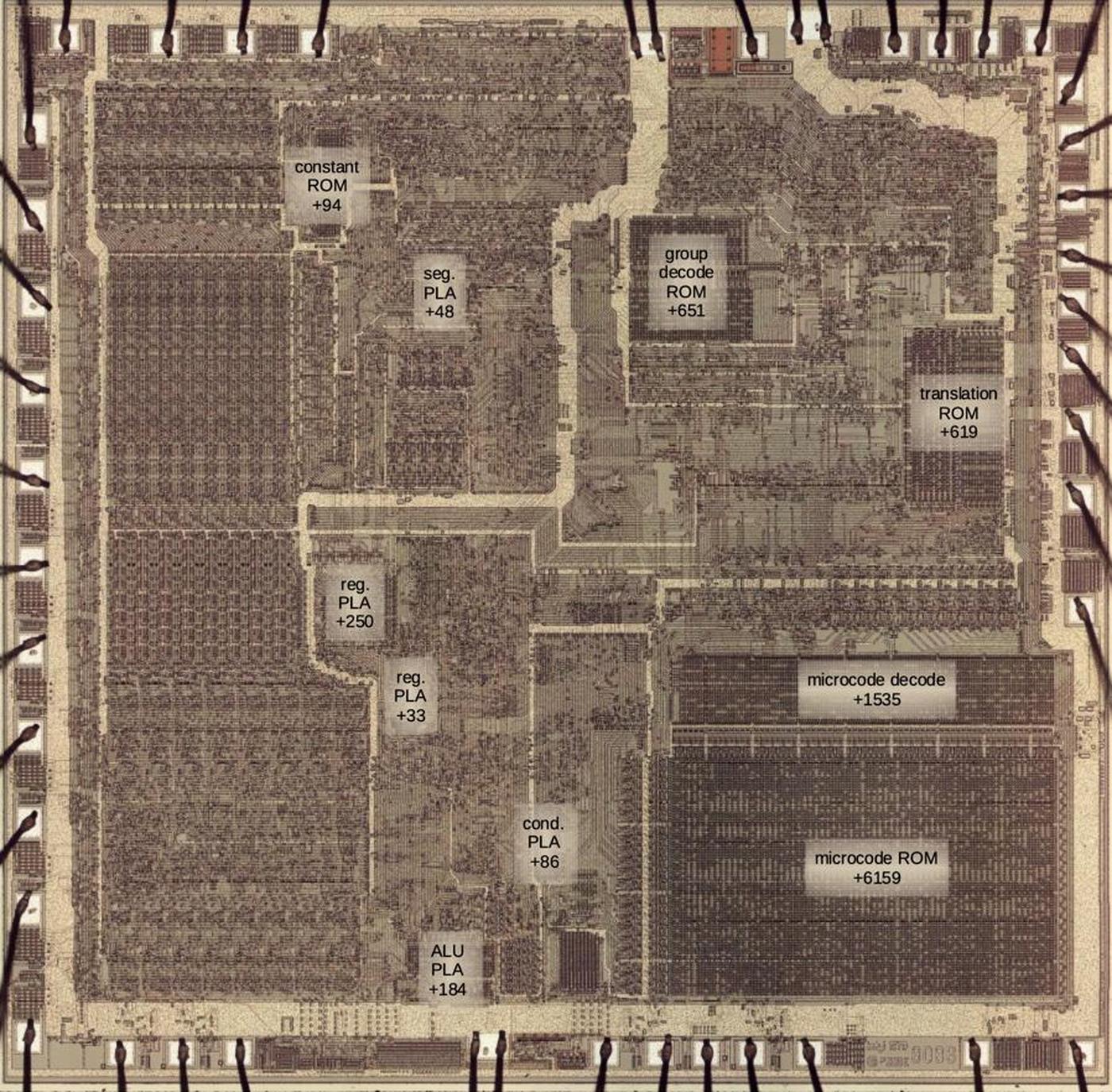 The 8086 die with transistor vacancy counts and how much they contribute to the final transistor count. (Click this image or any other for a larger version.)