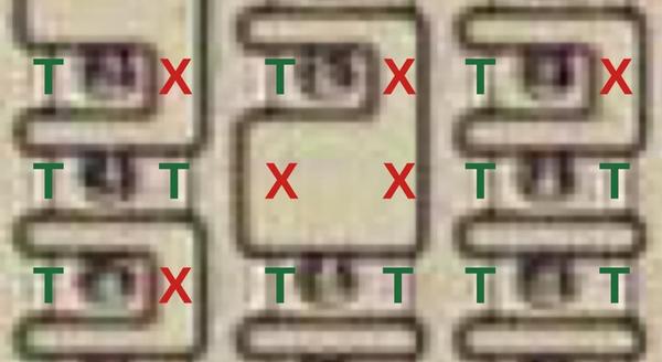 An extreme closeup of the microcode ROM. Green T's indicate transistors, while red X's indicate positions with no transistor.