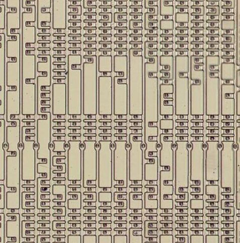 A closeup of part of the microcode ROM. The dark circles indicate vias between the silicon and the metal on top.