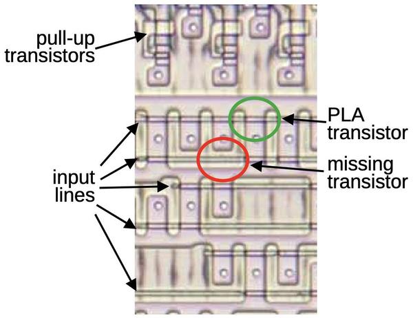 Part of the PLA for instruction decoding. Part of the PLA for instruction decoding.