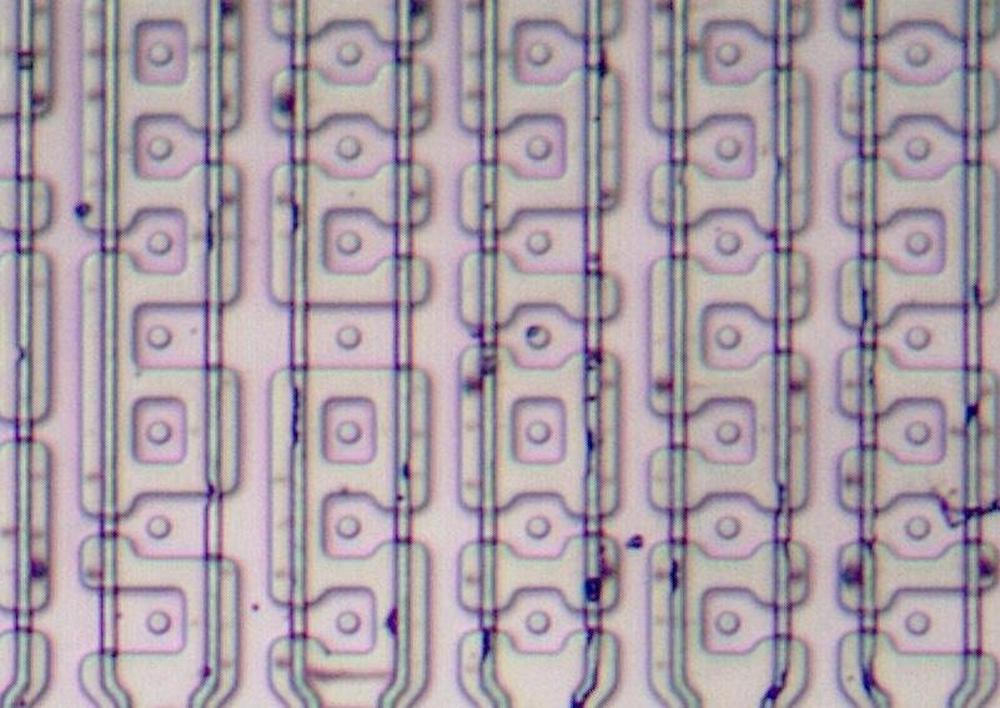A close-up of the 8087's microcode ROM, showing 77 transistors. A transistor is formed where a vertical polysilicon line crosses a horizontal stripe of doped silicon.