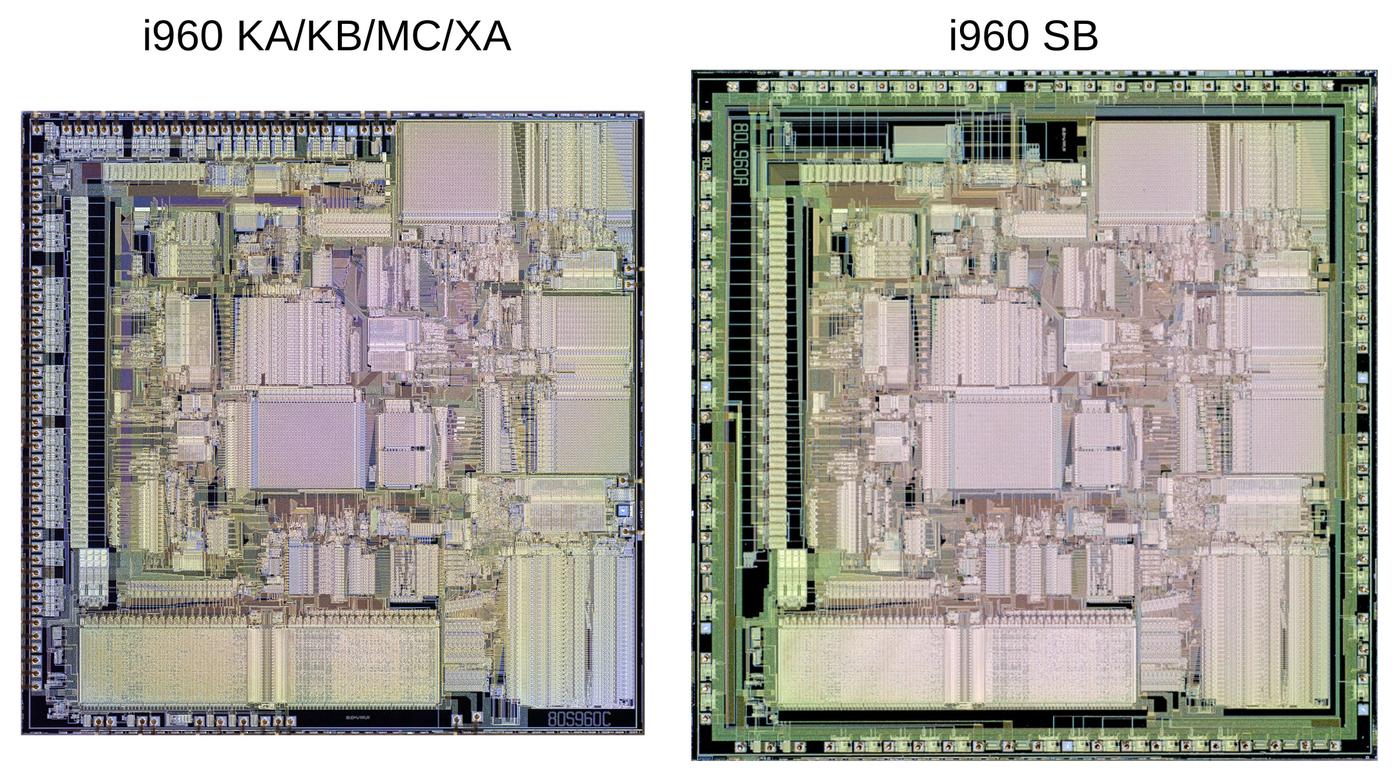Comparison of the original i960 die and the i960 SB. Photos courtesy of Antoine Bercovici.