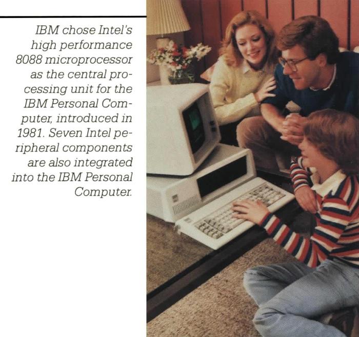 Caption: IBM chose Intel's high performance 8088 microprocessor as the central processing unit for the IBM Personal Computer, introduced in 1981. Seven Intel peripheral components are also integrated into the IBM Personal Computer.  From Intel's 1981 annual report.