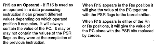 Depending on how it is accessed, register R15 in the ARM1 may or may not provide the flag values. From the manual.
