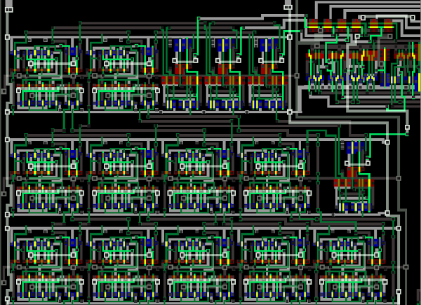 The bit counter circuit from the ARM1 processor chip. This circuit counts the number of registers selected by the LDM/STM instructions.