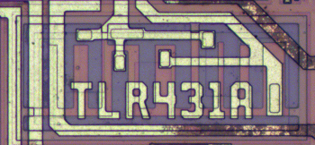 A junction capacitor in the TL431 chip with interdigitated PN junctions. The die id is written in metal on top.