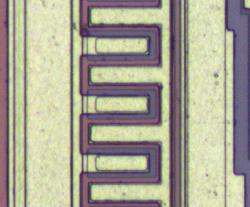 Closeup of the high-current output transistor in the TL431 chip.