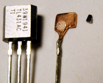 The TL431 package, the internal anode, and most of the die.