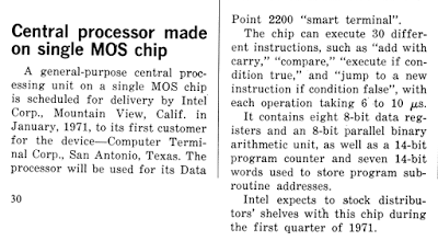 First description of the Intel 8008 processor in print. Electronic Design, Oct 25 1970.