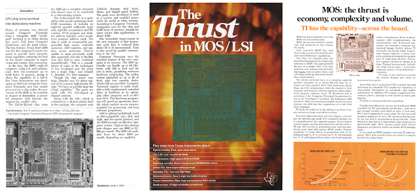 Article on the TMX 1795 and TI advertising section featuring the chip. Electronics, June 7 1971.