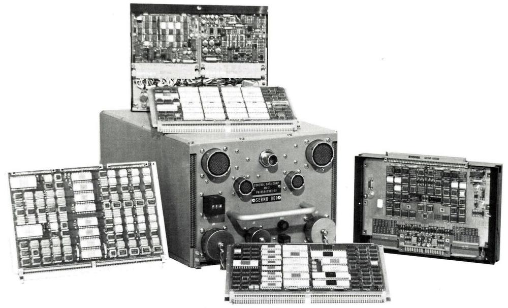 The CDC AN/AYK-14 computer with circuit boards. This is an example of an aerospace computer built by CDC slightly later than the mystery computer. From a 1983 brochure.