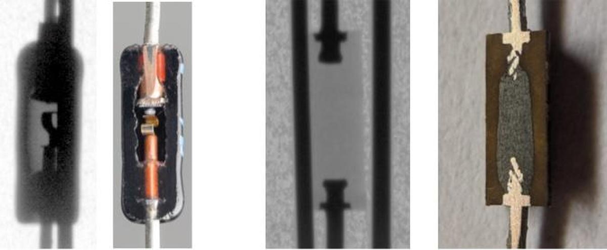 X-ray images and cross-sections of Zener diodes and carbon composition resistors. The cross-section components are similar but not identical to the X-ray components. Cross-section photos copyright Eric Schlaepfer and Windell Oskay.