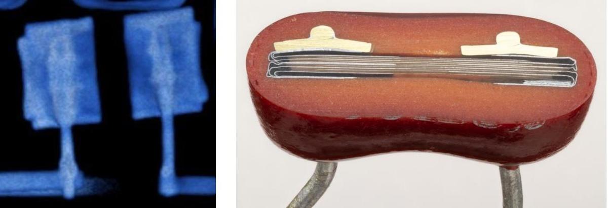 X-ray of a silver-mica capacitor and a cross-section of a similar capacitor. Photo from the book Open Circuits, Copyright Eric Schlaepfer and Windell Oskay; used with permission of the authors.