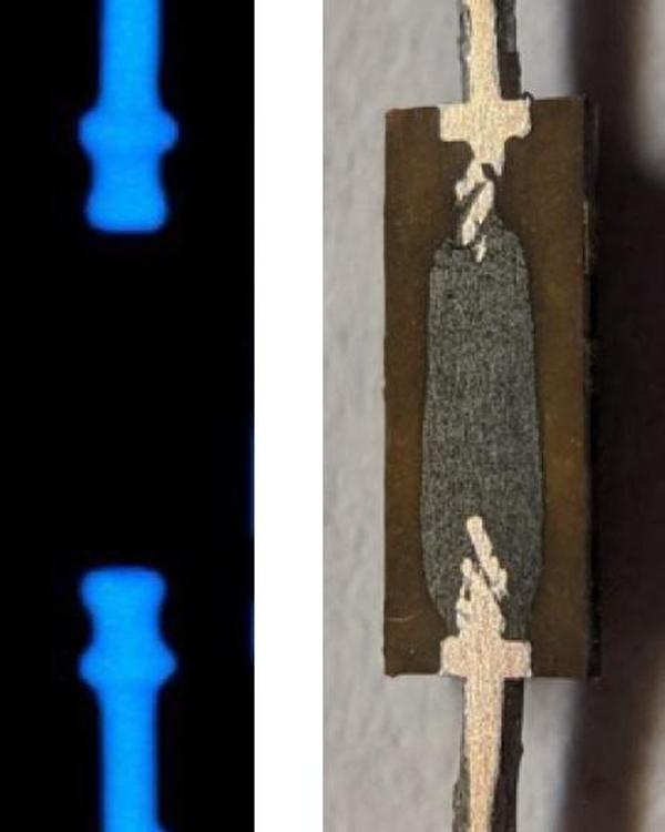 X-ray of a carbon composition resistor and a cross-section of a similar (but not identical) resistor. Photo from the book Open Circuits, Copyright Eric Schlaepfer and Windell Oskay; used with permission of the authors.