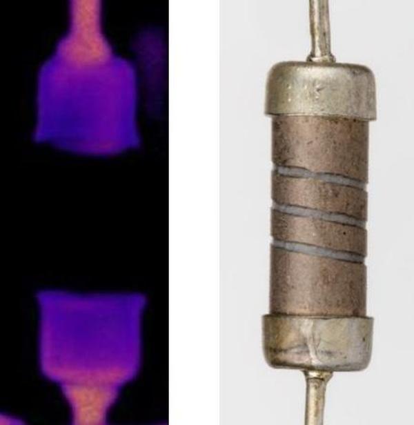 X-ray of a carbon film resistor and a photograph of a similar resistor. The spiral cut in the carbon film controls the resistance. Photo from the book Open Circuits, Copyright Eric Schlaepfer and Windell Oskay; used with permission of the authors.