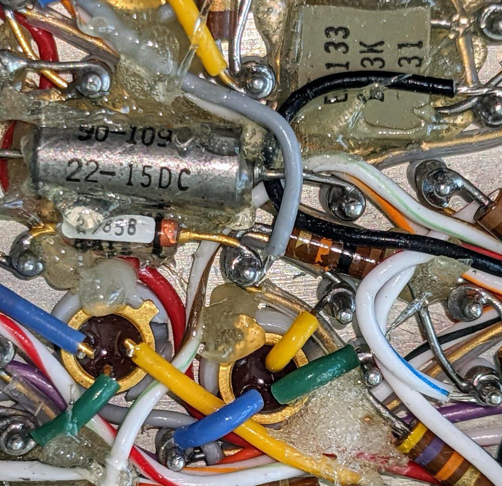 A closeup of the wiring in the premodulation processor. These connections are soldered, but others are spot-welded.