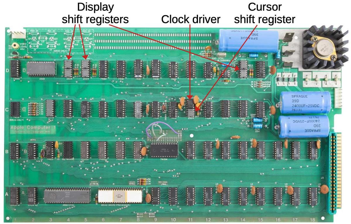 Apple-1 circuit board, showing the 1024-bit shift register chips and the clock driver chip.
Original image from
Achim Baqué, CC BY-SA 4.0.