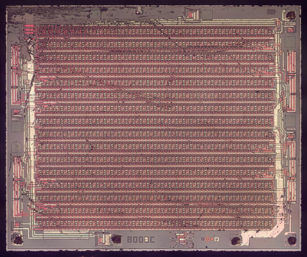 Die of the Signetics 2504 shift register chip. Click this image (or any other) for a larger version.