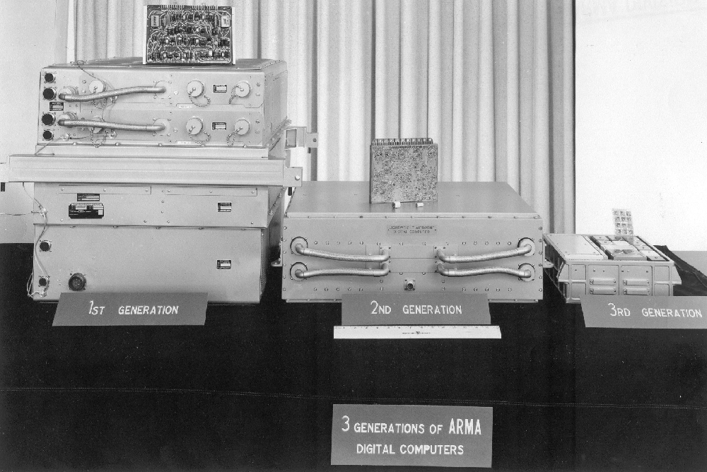 Three generations of Arma Computers: the W-107A Atlas ICBM guidance computer,  the Lightweight Airborne Digital Computer, and the Arma Micro Computer (perhaps a prototype). Photo courtesy of Daniel Plotnick.