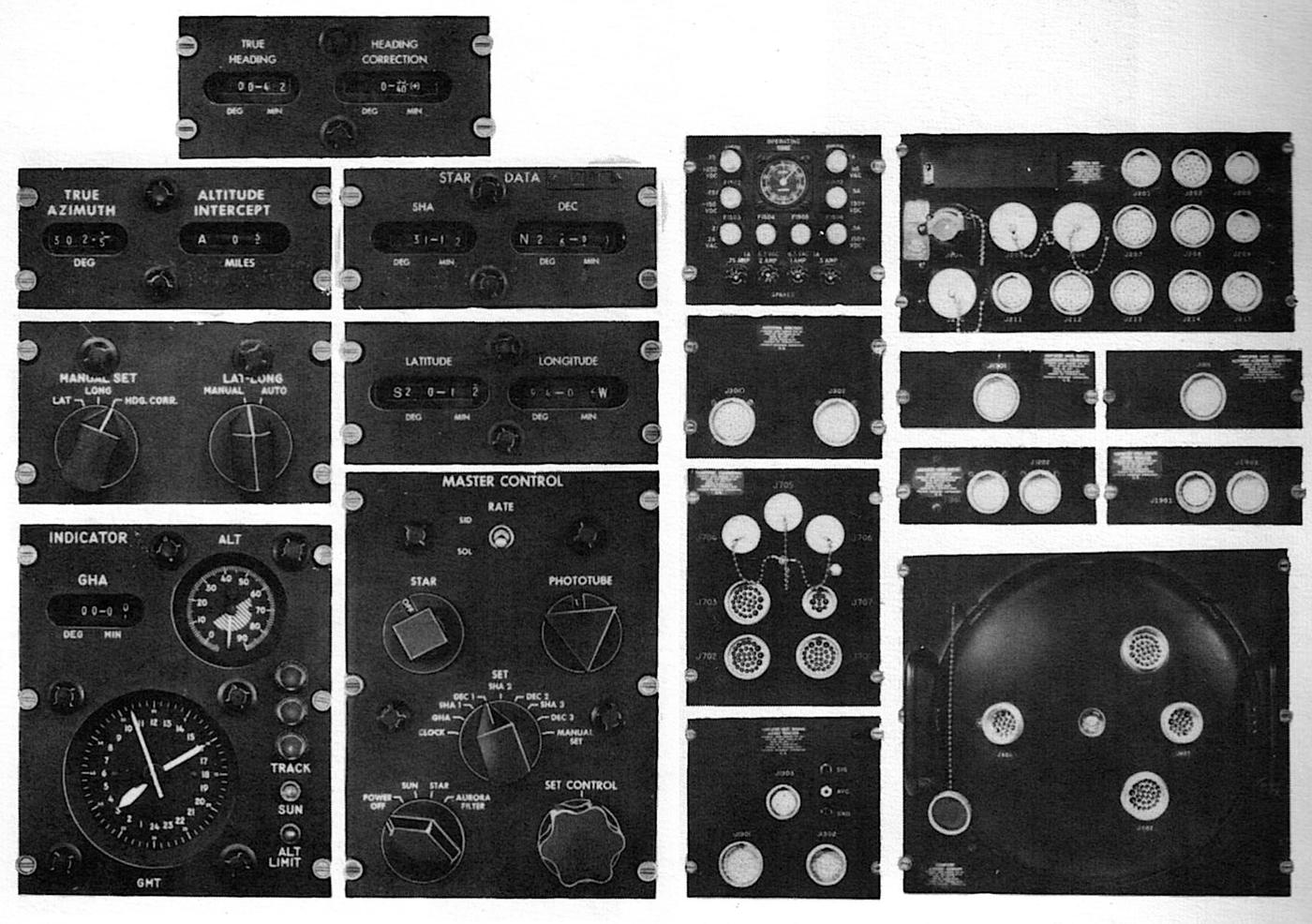 Star tracker instruments in the B-52 navigator's instrument panel: Line of Position display, Master Control panel, Heading Display panel, and Indicator Display panel.  From Kollsman MD-1 Automatic Astro Compass Manual.