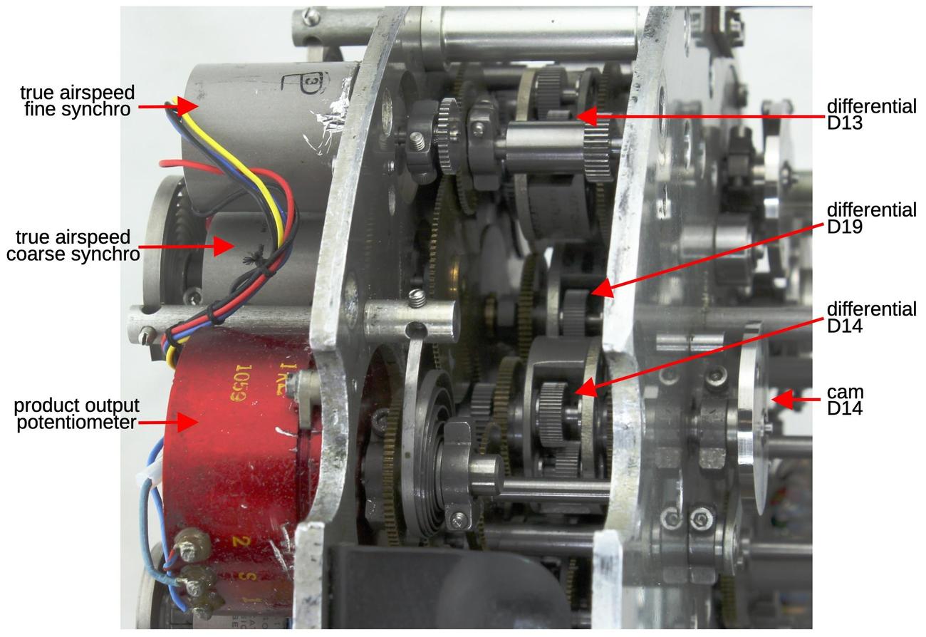 These components compute true airspeed and air density × speed of sound.
Note the large gear driving the coarse synchro and the small gear driving the fine synchro. This causes the fine
synchro to rotate at 11 times the speed of the coarse synchro.
