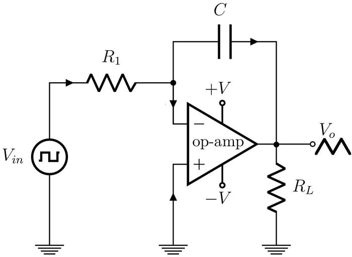A simplified op-amp integrator, based on image by Rutujadeshpande, CC BY-SA 3.0.