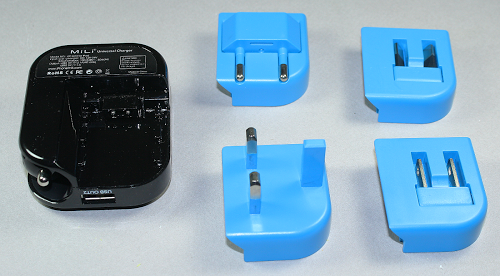 The Mili charger with adapters for different countries.