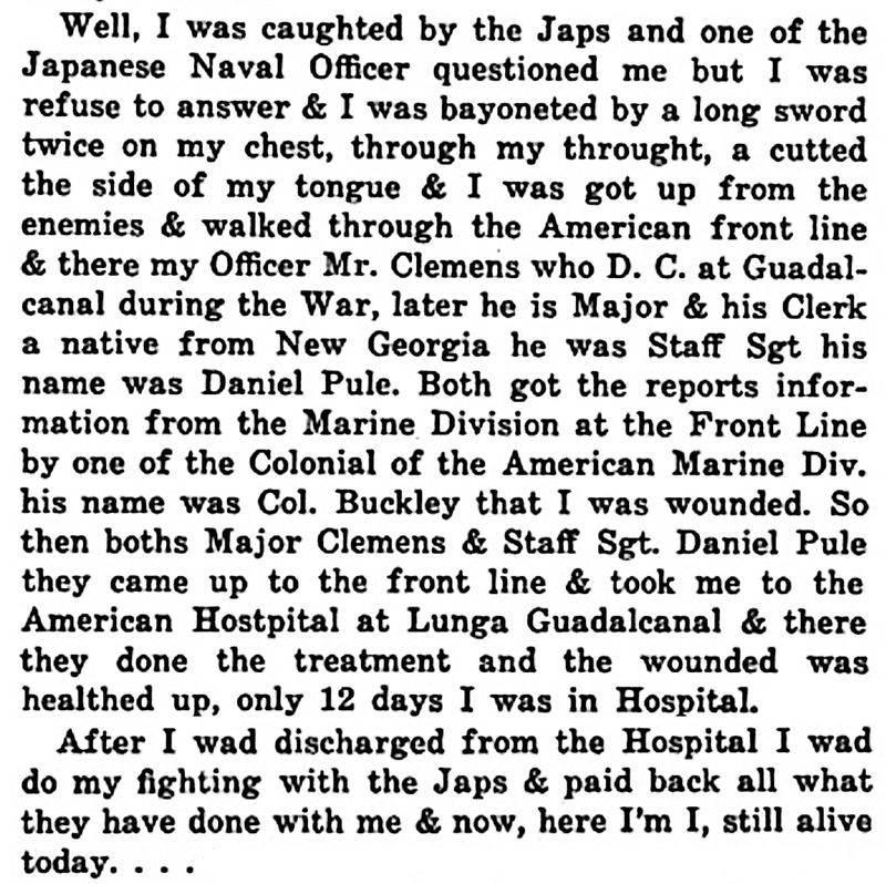 Letter from SgtMaj Vouza to Hector MacQuarrie, 1984. From The Guadalcanal Campaign.