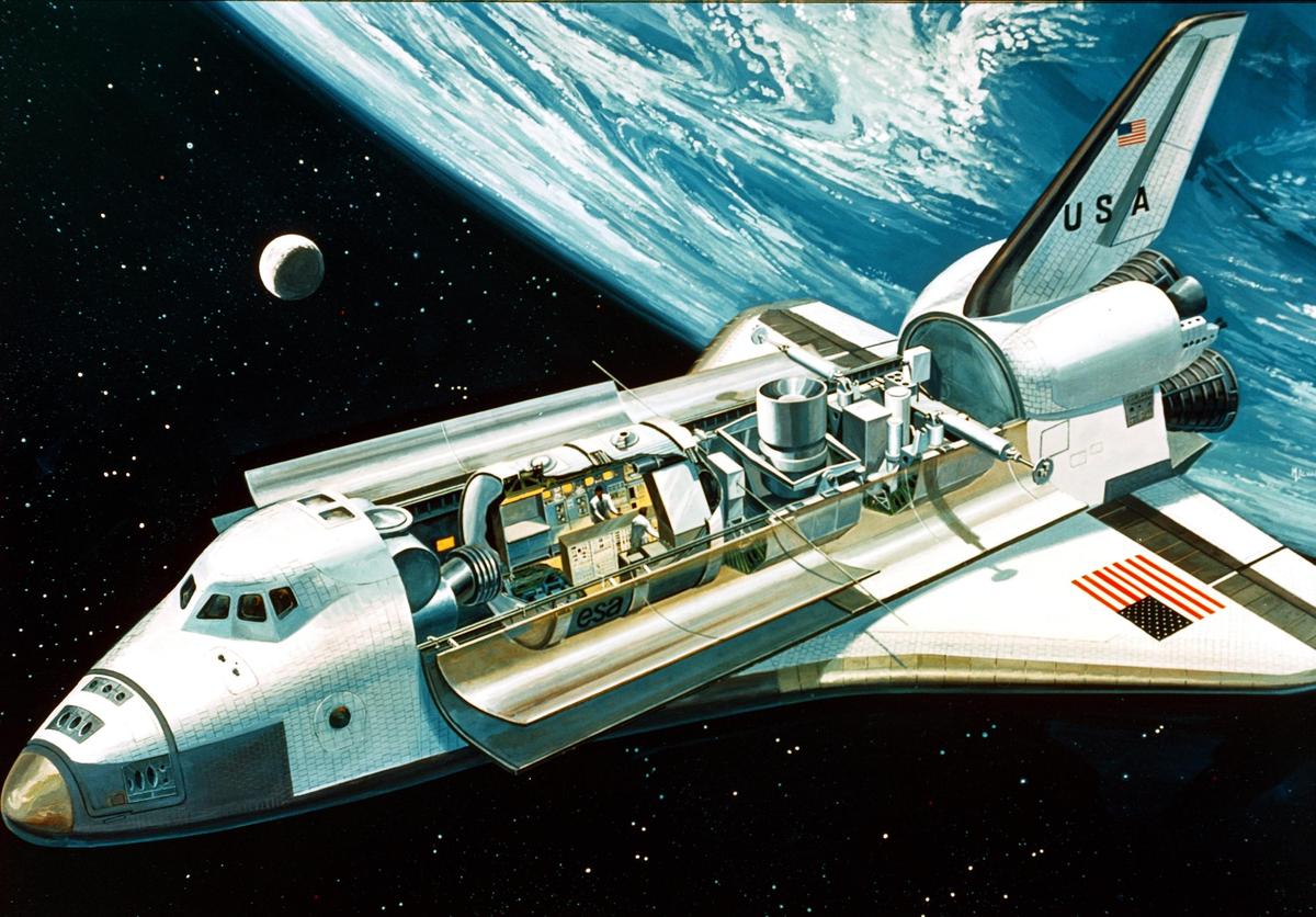 Spacelab was a pressurized cylinder in the Shuttle's cargo bay, connected to the Shuttle by a tunnel. It provided a laboratory for researchers to perform experiments. This illustration of Spacelab is from NASA, C-1976-4380.