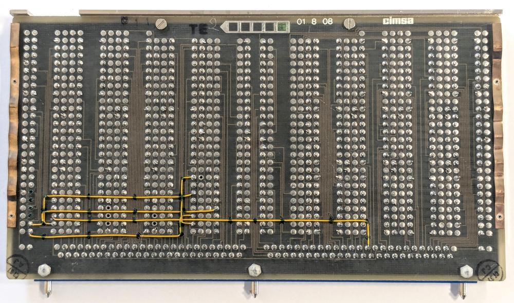 Back of an ALU/register board. This is a different board from the one I reverse engineered, since I wanted to show the yellow wires.