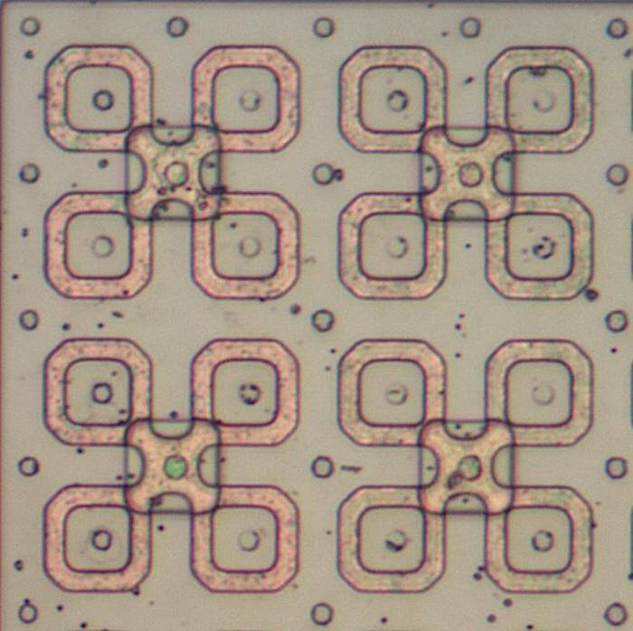 Sixteen circle-gate transistors with four gate connections.