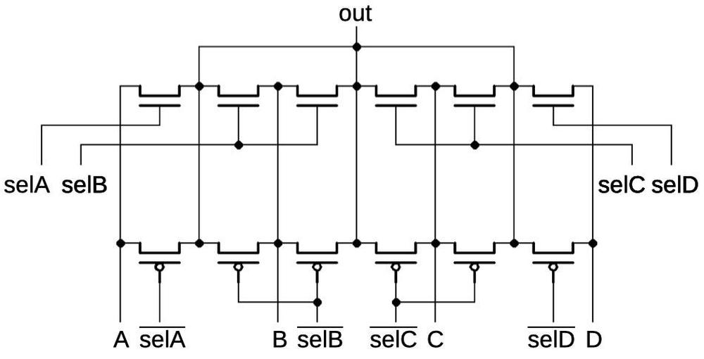 Schematic of the multiplexer, matching the physical layout on the chip.