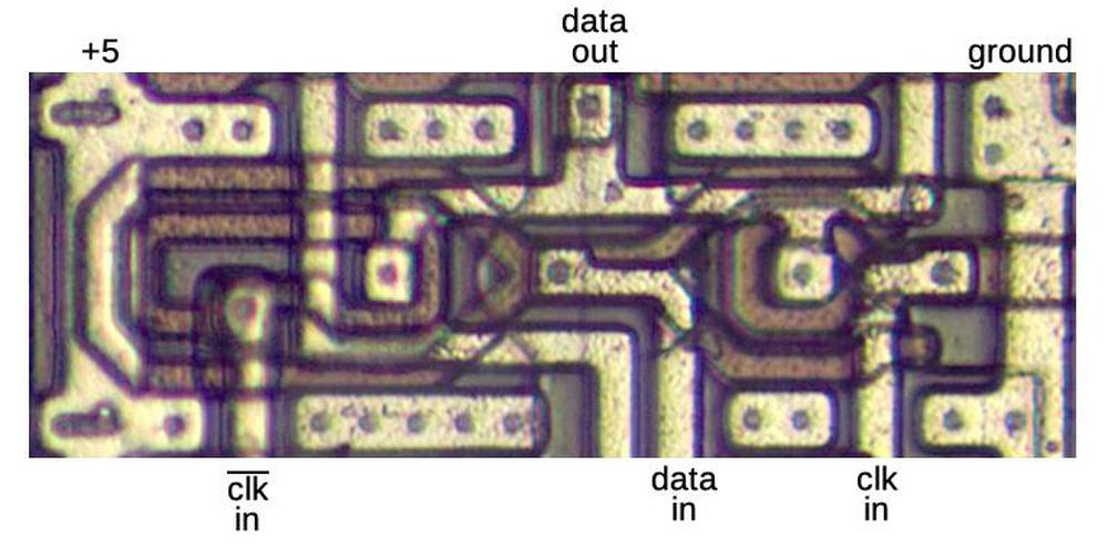 One of the combination inverter / transmission gates, as it appears on the die.