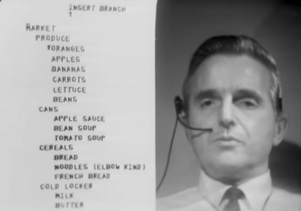 Engelbart editing a hierarchical shopping list.