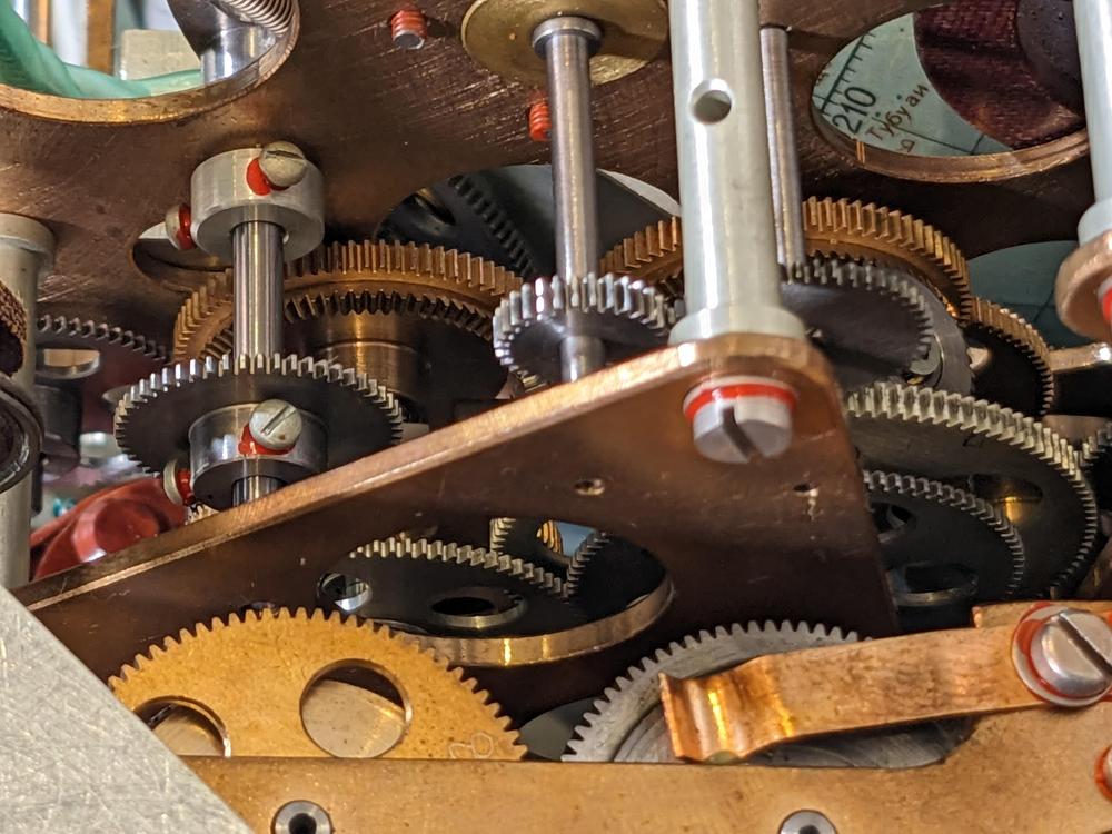 A closeup of the gears inside the Globus. It performed calculations with gears, cams, and differentials.