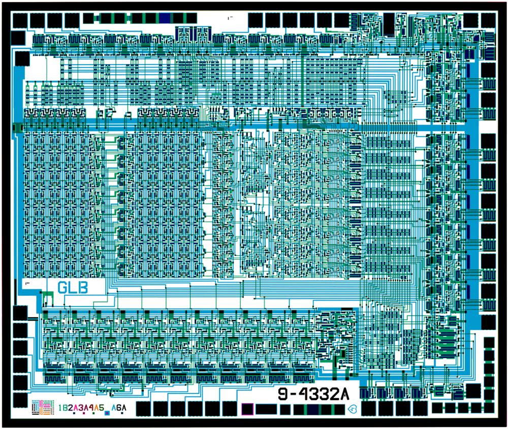 Combined masks from the Nanoprocessor. Click for larger image. "GLB", to the left of the data bus, stands for the designers George Latham and Larry Bower. Files courtesy of Antoine Bercovici.