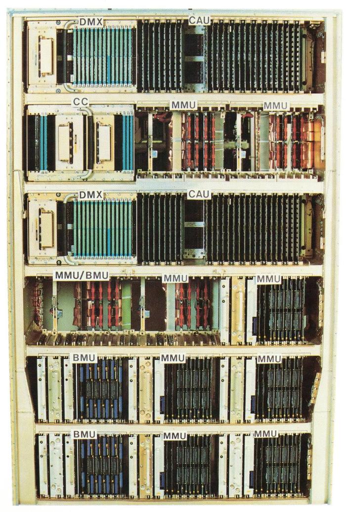 The baseline configuration for the AWACS CC-2E digital computer.
Components are Digital Multiplexer (DMX), Computer Arithmetic Unit (CAU),
Computer Control (CC),
Monolithic Memory Unit (MMU),
and Bubble Memory Unit (BMU).
From "AWACS Data Processing Subsystem" brochure, 1991.