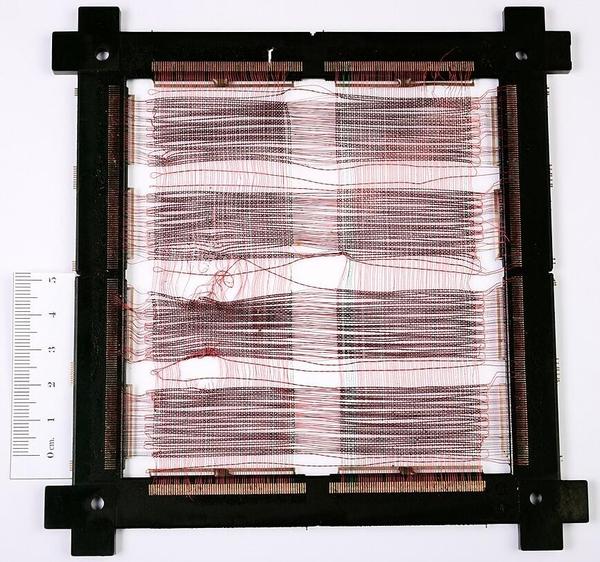 This (somewhat damaged) core memory plane is the commercial version of the planes in the first-generation System/4 Pi computers.
Photo by José Luis Briz Velasco, CC BY-SA 4.0, cropped.