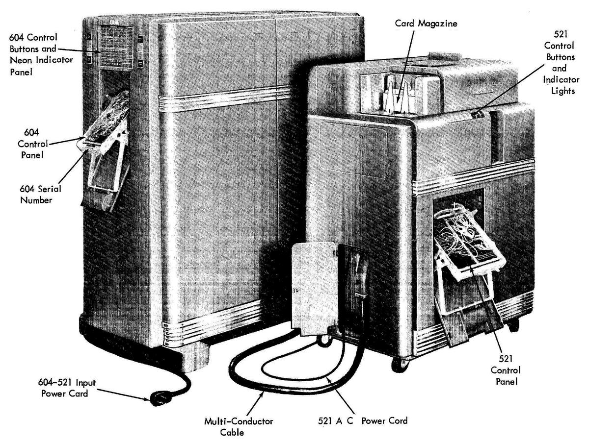 The IBM 521 Card Reader/Punch to the right of the IBM 604 Electronic Calculating Punch.
Photo from Customer Engineering Manual of Instruction.