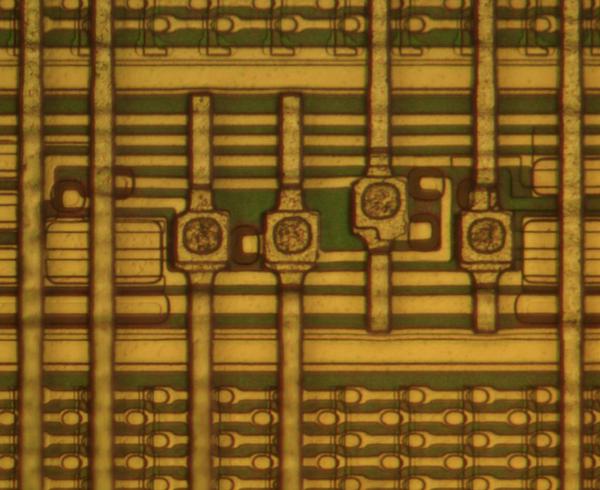 Closeup of the IBM 288-kilobit memory chip showing the programmable fuses.