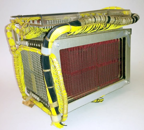 The core memory module from the IBM 1401 mainframe. The cores in one of the planes are visible, strung along red wires. At the top, two matrix decoder boards generate the 50 X select lines and 80 Y select lines, addressing one of 4000 storage locations. The X select lines are connected to the core planes by the yellow wires on the left side of the core module, while the Y select lines are connected on top.