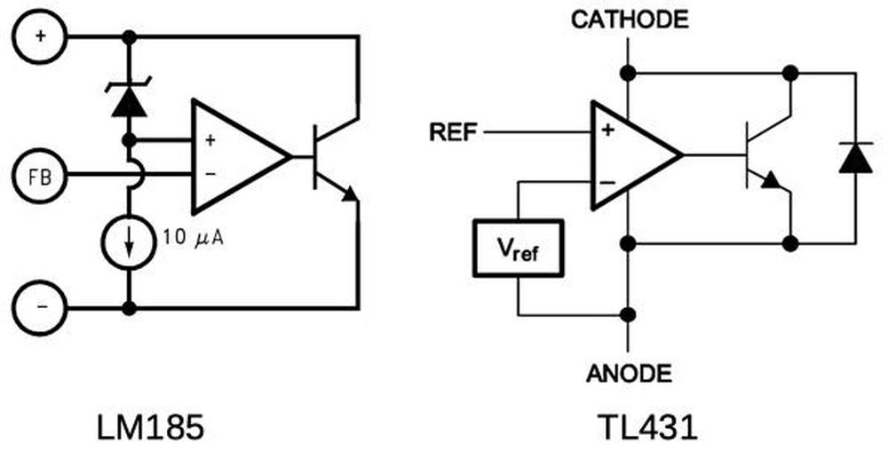 Comparison of the LM185 and TL431 block diagrams, from the datasheets.