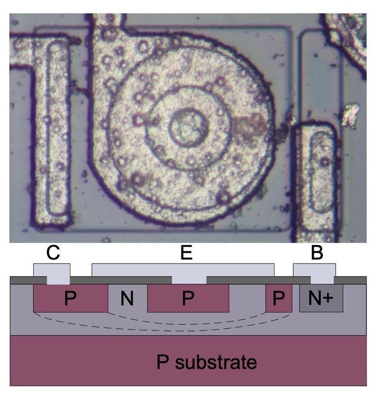 A PNP transistor in the LM185 chip. Connections for the collector (C), emitter (E) and base (B) are labeled, along with N and P doped silicon. The base forms a ring around the emitter, and the collector forms a ring around the base.