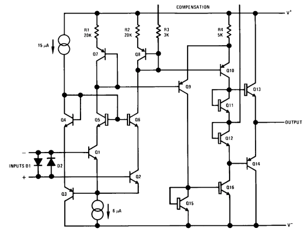 Simplified schematic of the LM108 op amp.