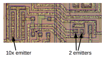 The LM308's current source contains some interesting transistors. The transistor on the left has 10 emitters wired together, creating a transistor with an effective emitter size of 10 times normal. The transistor on the right has two separate emitters, providing two current outputs.